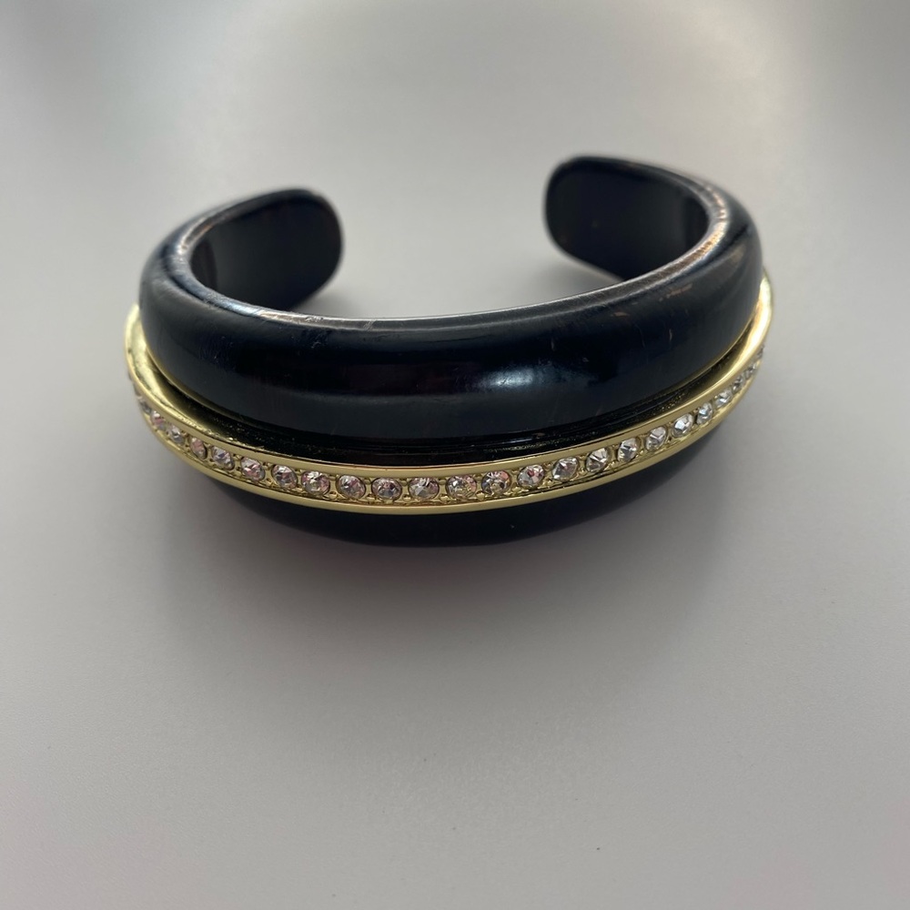 Anne Klein Chic Black Cuff Bracelet with Rhinestones & Gold Details